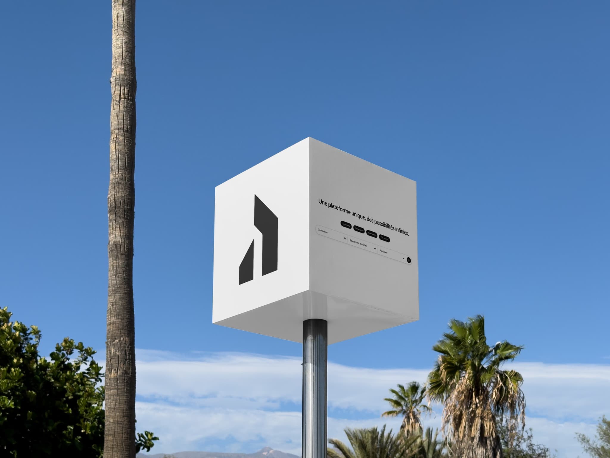 Hozy sign on a pole, between palm trees